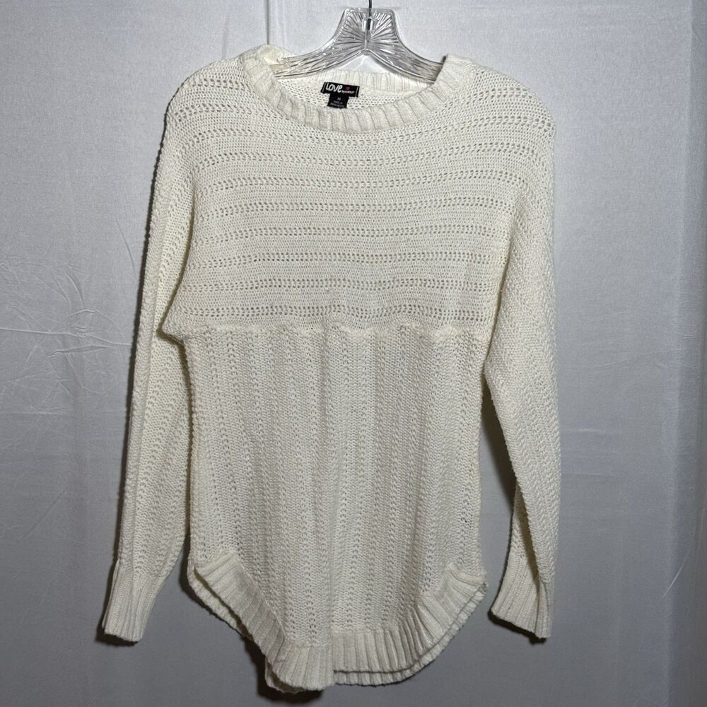Vintage Love by Chesley Sweater M Ivory Open Knit Cotton Acrylic Hi Low Hem
